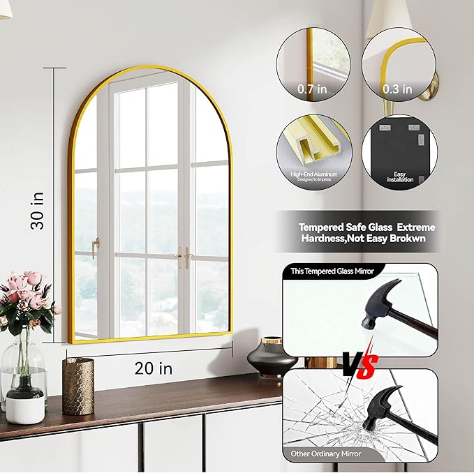 30x20 Arch Mirror Rectangle Wall Mounted Hanging or Against Wall Metal Aluminum Alloy Frame Mirrors for Entryway Bedroom Bathroom Living Room 30 20 inch Gold