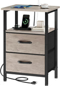 Vagusicc Nightstand with Charging Station, Side Table with 2 Fabric Drawers, Bedside Table with Open Shelf, 24.2" Tall End Table with USB Ports and Outlets, Night Stand for Bedroom, Greige