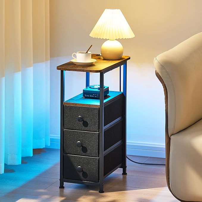 Narrow End Table with Charging Station, Narrow Side Table with Drawer, Small Nightstand with LED Light, Skinny Nightstand, Small Bedside Table for Living Room, Bedroom, Couch, Rustic Brown