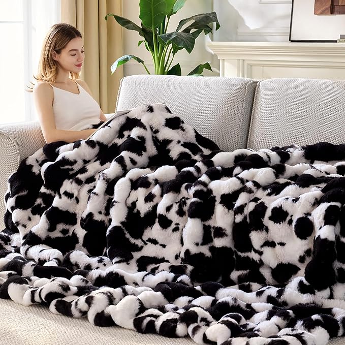 Faux Fur Throw Blanket, 1000GSM Fluffy Soft Bubble Blanket for Couch Bed, Cozy Plush Warm and Thick Blanket, Fuzzy Rabbit Throw for Living Room Bedroom 90''*104'' Cow Black
