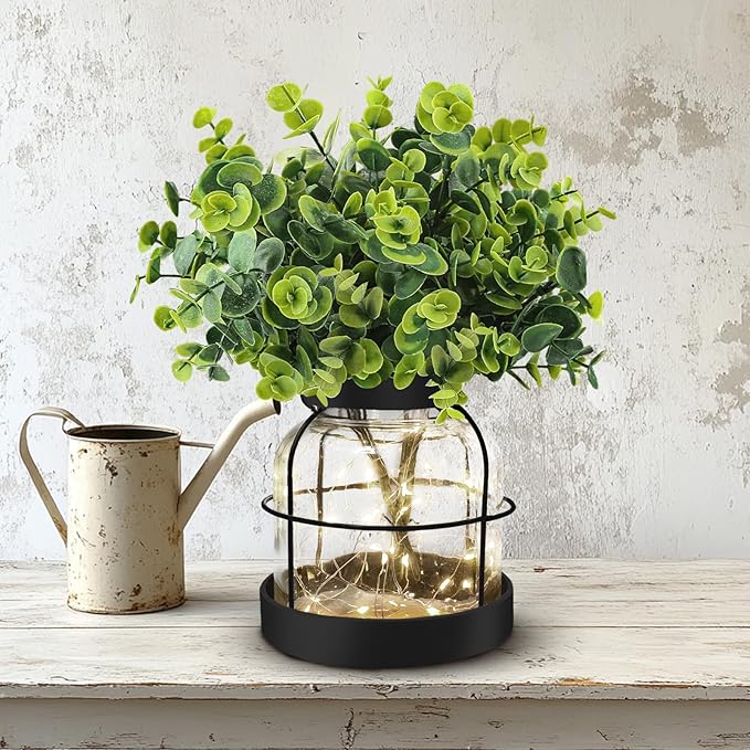 Farmhouse Rustic Glass Vases Primitive Country Lantern Coffee Dining Table Centerpiece Green Fake Artificial Eucalyptus Plants with Light Home Decor for Shelf Desk Counter Kitchen Bathroom, Black
