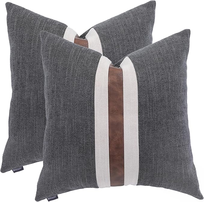 BOYSUM Set of 2 Leather Throw Pillow Covers Cotton Linen Decor Patchwork Pillow Cover Faux Leather Pillows Cover for Couch Sofa Living Room Bedroom,Black 24"x24"