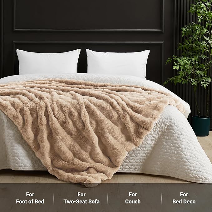 SAPHREAS Faux Fur Throw Blanket for Couch, Fluffy Fuzzy Bubble Blanket for Sofa Bed Living Room, Decor Soft Cozy Gifts for Women Men, 60x80” Khaki
