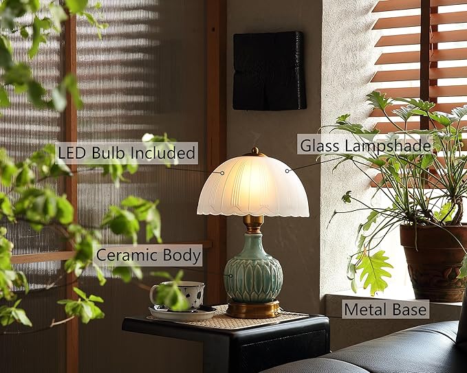 Vintage Table Lamp for Living Room,16" Mid Century Modern Ceramic Lamps for Bedroom,Retro Bedside Nightstand Mushroom Glass Lamps, Classic Chinoiserie Green Lamp for Home Decor (LD002)