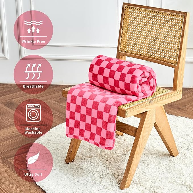 FY FIBER HOUSE Checkered Flannel Fleece Throw Blanket Soft Cozy Checkerboard Grid Print Chessboard Gingham Pattern Blankets for Bed Couch Sofa, 60"x80", Hot Pink