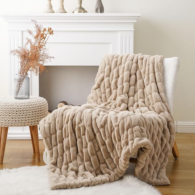 BATTILO HOME Beige Faux Fur Throw Blanket for Bed, Large Double Side Reversible Ruched Rabbit Fur Blanket for Couch, Living Room, Soft Warm Mink Cozy Blanket, 60x80 Inch