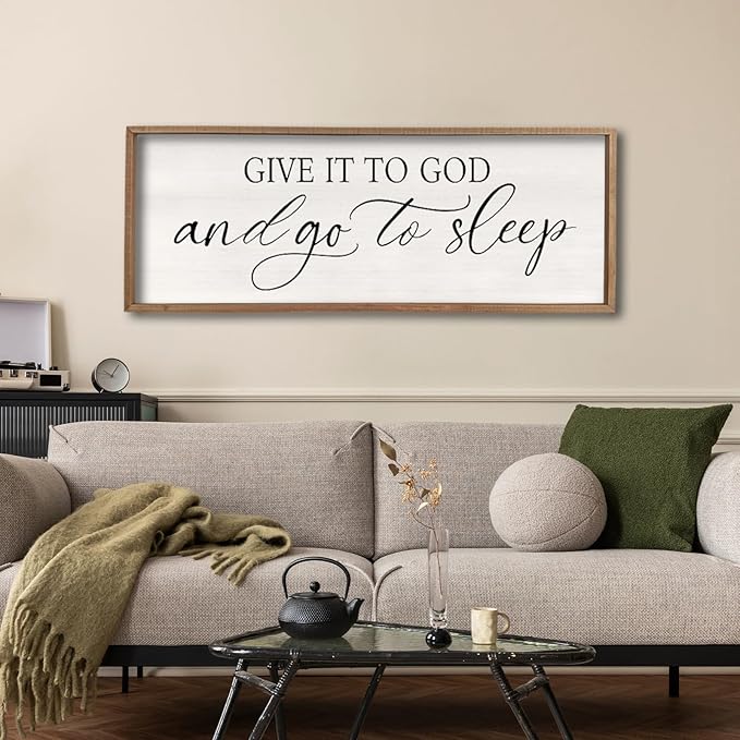 comurdyo Christ Religious Wall Decor Give It To God And Go To Sleep Sign 40"×15" for Christian Prayer Holy Modern Rustic Simple Master Bedroom Above Over Bed Wall Decor Plaque Hanging (Wood)