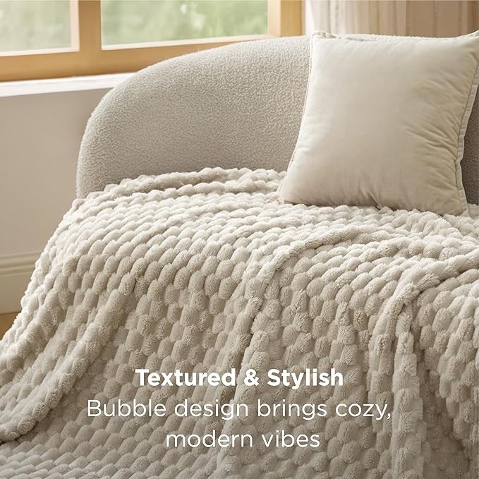 Bedsure Twin Blanket for Bed - 350GSM Fluffy Plush Bubble Blanket for College Dorm for Home Room Decor, GentleSoft Cute Fleece Soft Cozy Gifts for Women Girls, Beige, 60x80 Inches