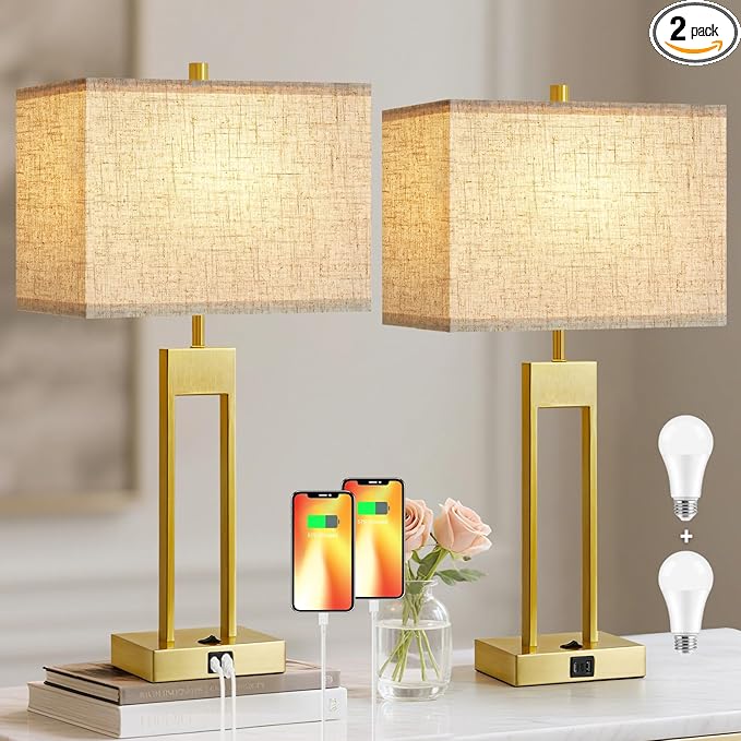 Extra Large 25.5" Nightstand Table Lamps for Bedrooms Set of 2, Bedside Lamp with USB C+A, Colors Changeable Living Room Lamp, Modern Night Stand Lamp for Bedside Guest Room Reading, Gold+White Shade