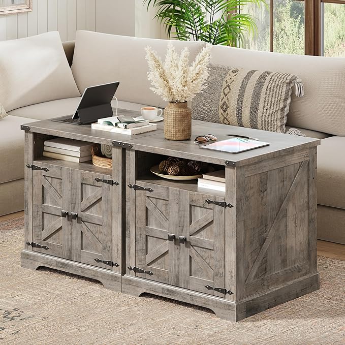 HOOBRO Farmhouse End Tables Set of 2 with Charging Station, 23.6" Large End Tables for Living Room, Sofa Side Table with Barn Door, Wooden Square Nightstand Bedside Table, Greige GY601UBZP201