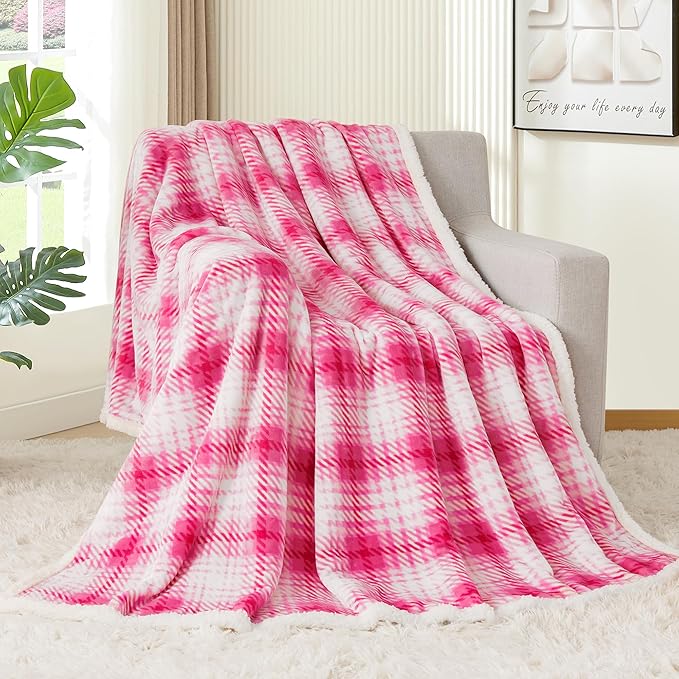 Touchat Sherpa Plaid Throw Blanket, 60" X 70" Fuzzy Fluffy Cozy Soft Blanket, Fleece Flannel Plush Twin Size Microfiber Blanket for Couch Bed Sofa, White&Pink