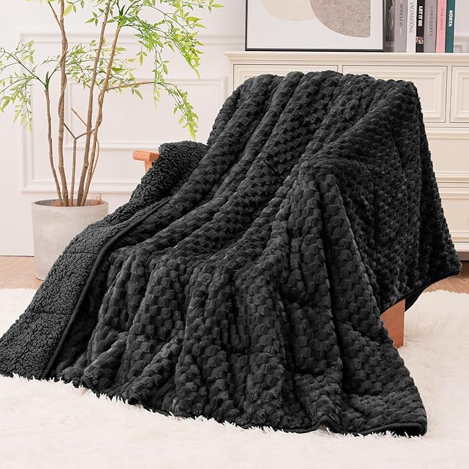 Super Fuzzy Soft Fleece Sherpa Weighted Blanket 15 lbs for Adults, 3D Imitation Turtle Shell Luxury Weighted Throw for Better Sleep, Dual Sided Cozy Heavy Blankets for Couch Bed, Black, 48" x 72"