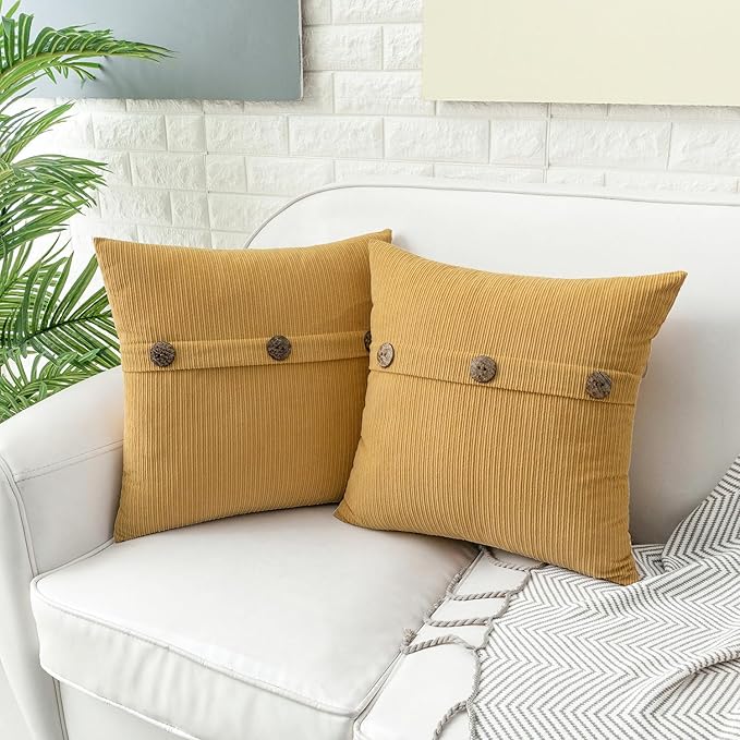 HWY 50 Mustard Yellow Chenille Throw Pillow Covers 18x18 Inch with Triple Buttons, Soft Farmhouse Accent Decorative Cushion Cases for Couch Sofa Bed Living Room Pack of 2