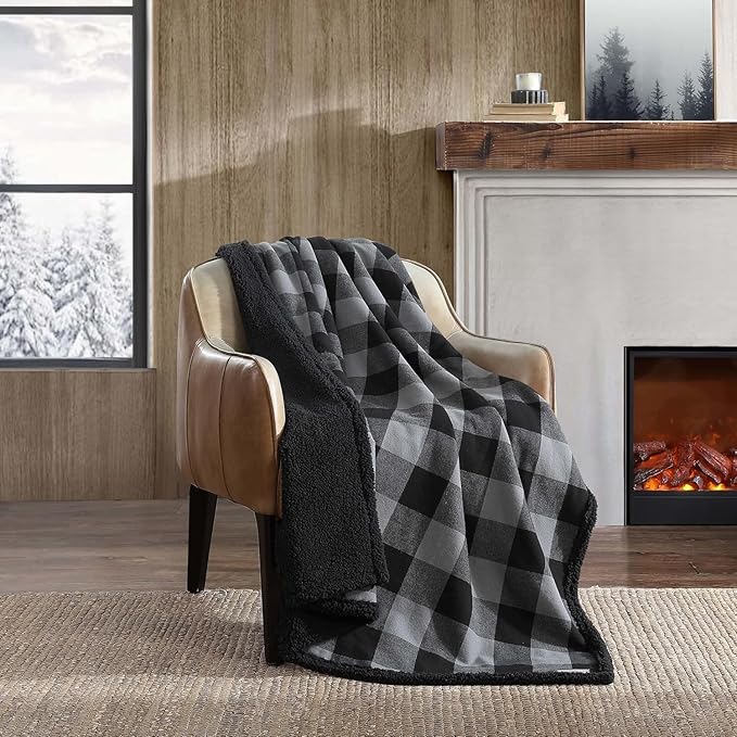 Eddie Bauer - Throw Blanket, Yarn Dyed Cotton Bedding with Solid Ultra-Soft Sherpa Reverse, Throw Blanket for Couch & Bed (Cabin Plaid Grey, 50" x 60")