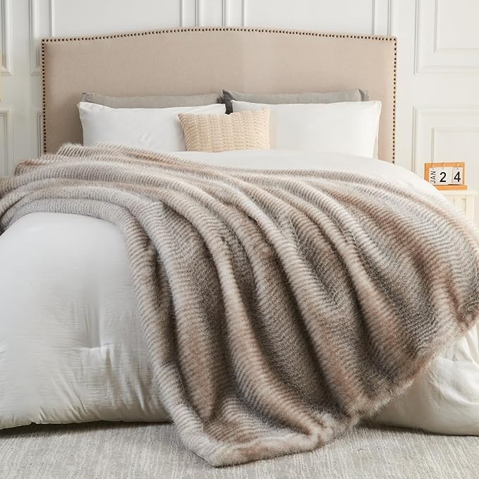 NEWCOSPLAY Faux Fur Throw Blanket Luxury Fluffy Thick Warm Blanket for Couch Sofa Bed 1000GSM (Stripe Light Grey Thick, Throw(50"x60"))