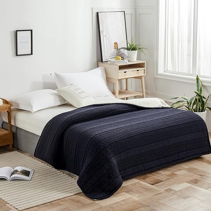 Longhui bedding Acrylic Cable Knit Sherpa Throw Blanket - Thick, Soft, Big, Cozy Navy Knitted Fleece Blankets for Couch, Sofa, Bed - Large 60 x 80 Inches Navy Blue Coverlet, 5.2 Pounds