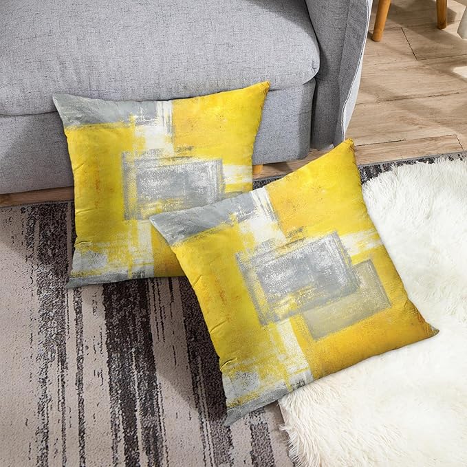 Britimes Throw Pillow Covers Modern Home Art Decor, 18 x 18 Inches Set of 2 Pillow Cases Decorative, Abstract Oil Painting Pillowcases for Bedroom, Living Room, Cushion Couch Sofa, Yellow Grey