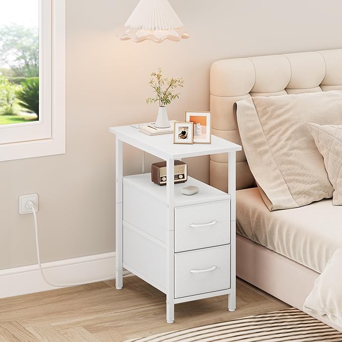 Vagusicc White End Table with Charging Station, Narrow Side Table, 23.8'' Tall Nightstand with 2 Fabric Drawers, Small Sofa Side Table Narrow Nightstand for Small Spaces, Bedroom, Bedsise Table, White