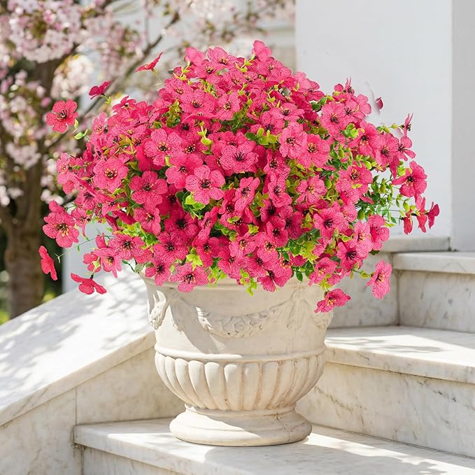 Artificial Flowers Outdoor Faux Plants UV Resistant Fake Patio Flowers Plastic Greenery Plnats Outside Bulk for Spring Garden Hanging Planter Home Vase Decor, 12 Bundles (Rose Red)
