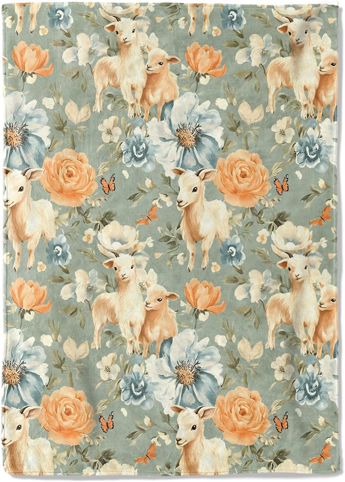 Lamb and Flower Fleece Blanket - 60x80in Cute Sheep Floral Retro Throw Blankets,Soft Cozy Lightweight, Ideal for Living Room Home Rustic Decor and Kids Boys Girls Spring Gifts