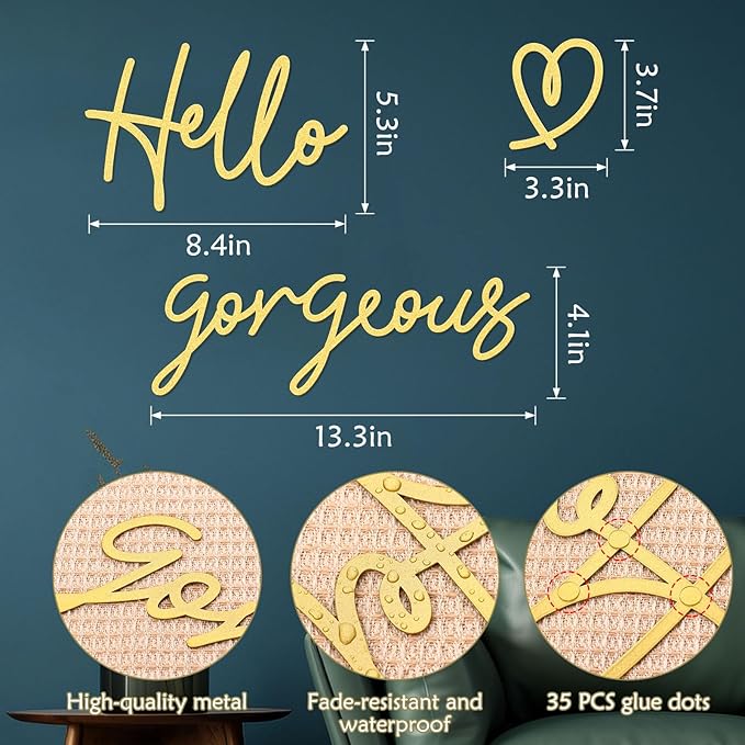 Bnesi Hello Gorgeous Heart Sign Wall Decor Gold Office Decor Modern Hello Gorgeous Elegant Metal Wall Art Decor for Bathroom, Bedroom, Lash room (Gold, Medium)