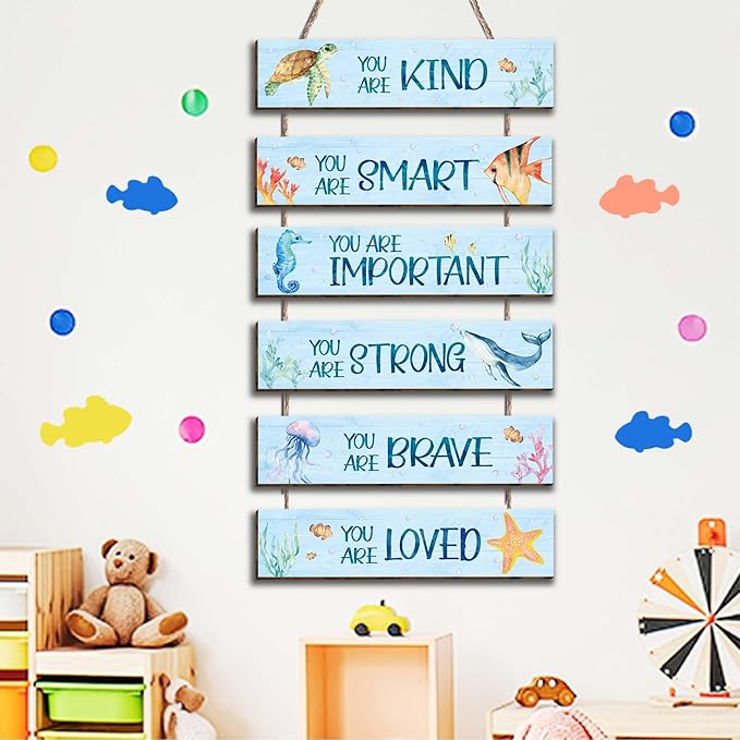 6 Pieces Ocean Decor Kids Room Decor, Inspirational Watercolor Ocean Positive Quotes Wall Art Decor for Teens Children Bedroom, Works of Art Made of Wood, Works of Art of Wood, Placards of Woods