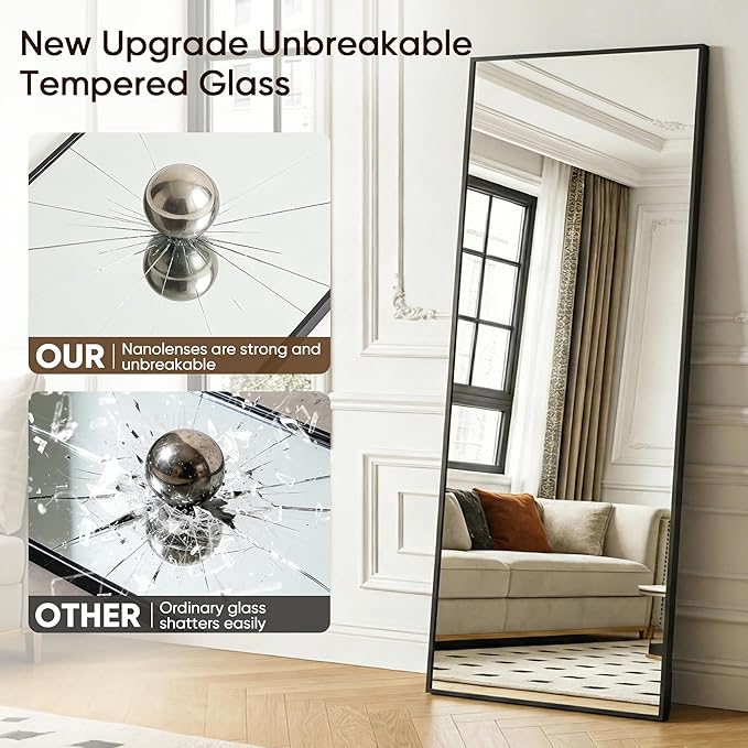 Antok Full Length Mirror, 76"x34" Floor Mirror with Stand, Hanging Mounted Mirrors for Bedroom, Living Room, Cloakroom, Dining Room, Black, Rect
