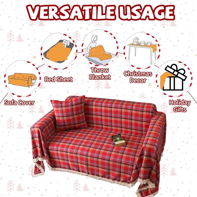 HANDONTIME Red Plaid Couch Cover Christmas Decorations, Sofa Cover for Couches Buffalo Check Sectional Couches Covers for Dogs Cats Red and Black Grid 3 Seater Cover Couch Cushion Covers, 71"x 134"