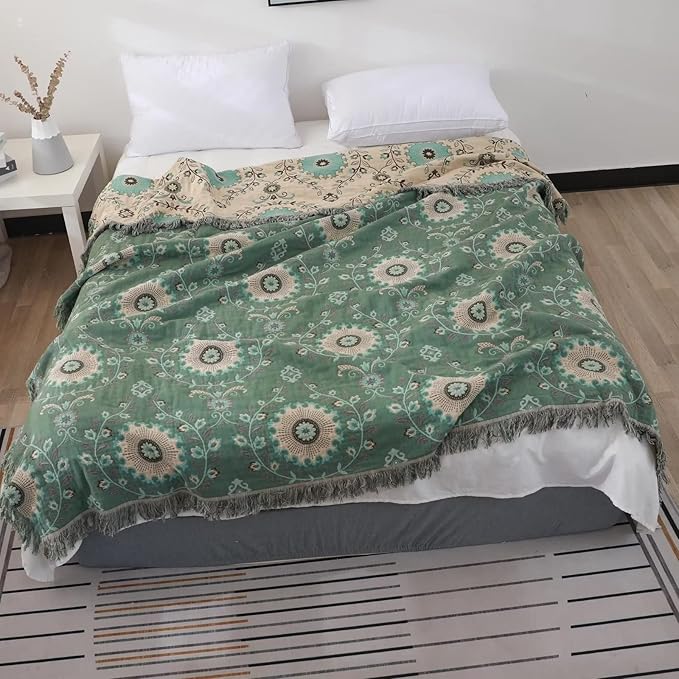 Boho Throw Blanket for Bed 100% Cotton Ultra Soft Rustic Quilt Spring Blanket Floral Printed Farmhouse Decor Bed Blankets,80"x90" All Season Rustic Throw for Sofa Couch Chair