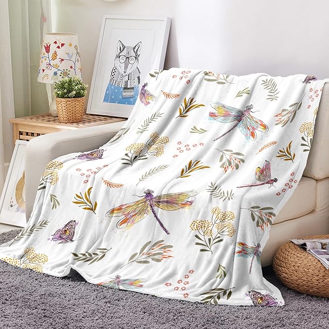 Dragonfly Throw Blanket Floral Flower Throw Blanket Botanical Plant Flannel Fleece Throw Blankets Butterfly Cozy Fuzzy Plush Throw Blankets for Bed Chair Couch 50" X 60"
