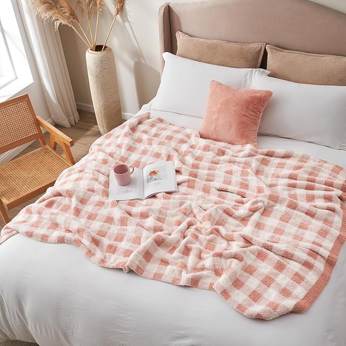 Snuggle Sac Buffalo Plaid Bedding Blanket Twin Size, Super Soft, Cozy Warm Knit Decorative Blankets, Reversible Plaid Fluffy Throws for Bed, Plaid Pink, 60x80 Inches