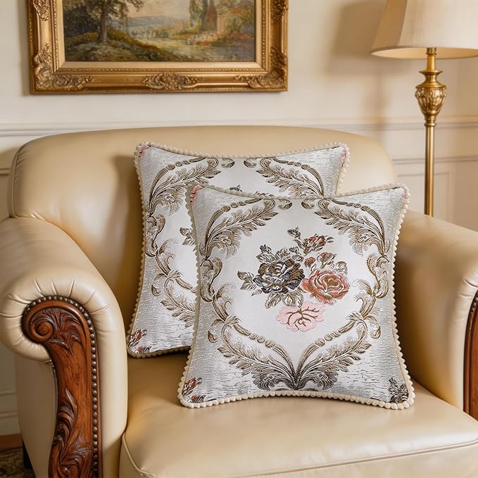 SZHELEJIAM Embroidered Pillow Covers 18x18 Inch Set of 2, Jacquard Retro Cushion Covers in Beige White for Living Room, Sofa Bedroom