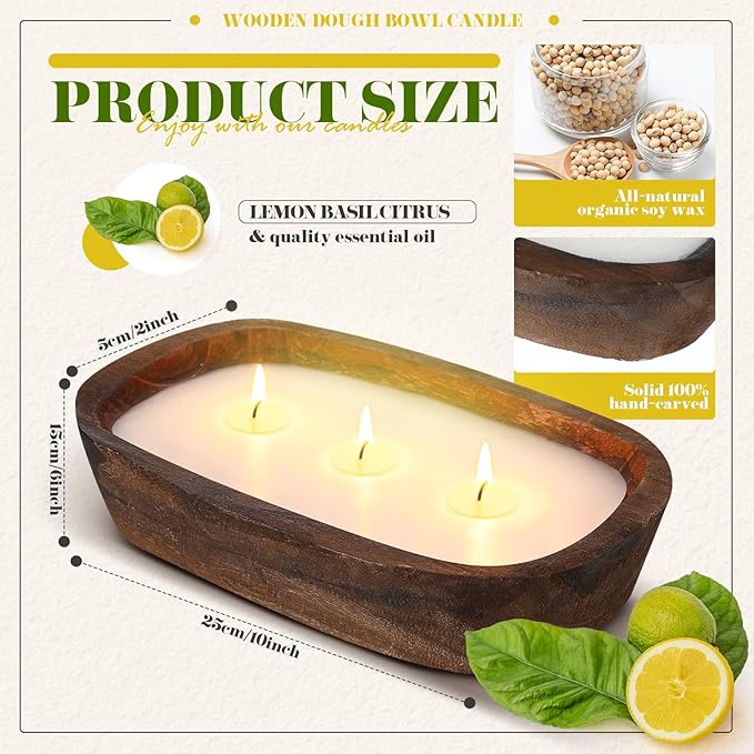 Threlaco 1 Pack 10 Inch Wood Dough Bowl Candles Home Rustic Dough Bowl Soy Candle 3 Wick Scented Candles Gifts for Men Women Farmhouse Table Centerpiece Home Decor for Christmas(Lemon Basil & Citrus)