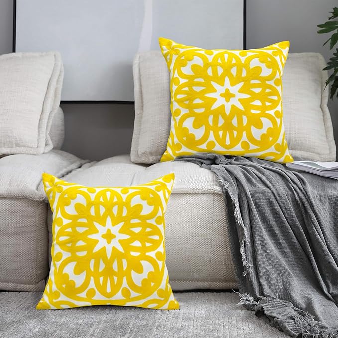 Alysheer Floral Embroidered Spring Decorative Throw Pillow Cover 18"x 18" Set of 2, Boho Mandala Embroidery Yellow Patterned Cushion Case for Sofa Couch Living Room Bedroom Outdoor