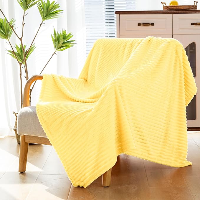 Vessia Flannel Fleece Throw Blanket, 300GSM Cozy Light Yellow Striped Throw Blanket for Couch, Sofa and Bed, Warm and Soft Cozy Pale Yellow Microfiber Ribbed Decor for All Season