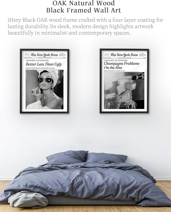 iHery Premium Natural Black OAK Wood 16x20in Champagne Problems On the Rise Newspaper Trendy Framed Wall Art, Vintage Funny Canvas Wall Decor For Girly Dorm Bedroom Living Room 1Pack