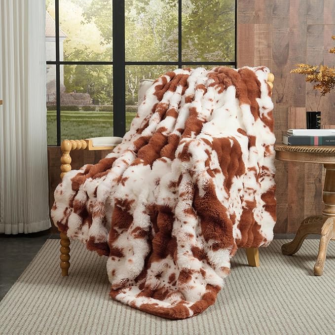 Lotus Karen Faux Fur Throw Blanket Cow Print-Light Brown, Fluffy Fuzzy Plush Bubble Blanket for Couch, 90x90 InchesCozy Shaggy Rabbit Blanket, Luxury Decorative Gifts for Sofa Bedroom Living Room.