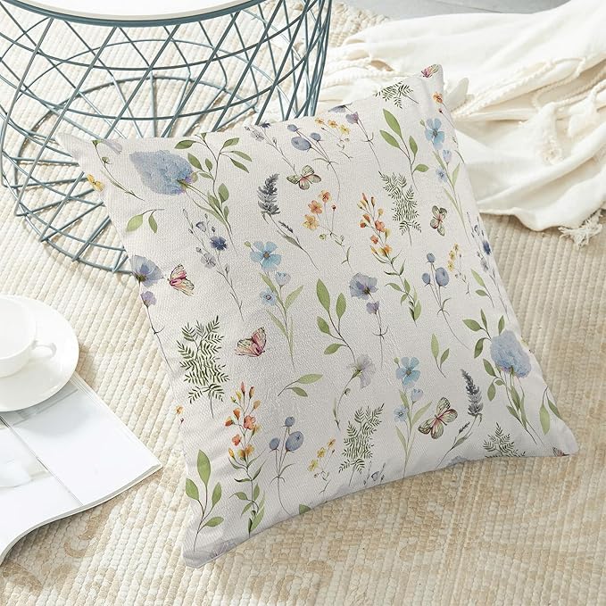 Spring Pillow Covers 18x18 Inch Set of 2, Sage Green Blue Wild Flower Throw Pillows Case,Colorful Seasonal Floral Plant Outdoor Decorative Farmhouse Decor Cushion Covers for Home Sofa Bed Couch