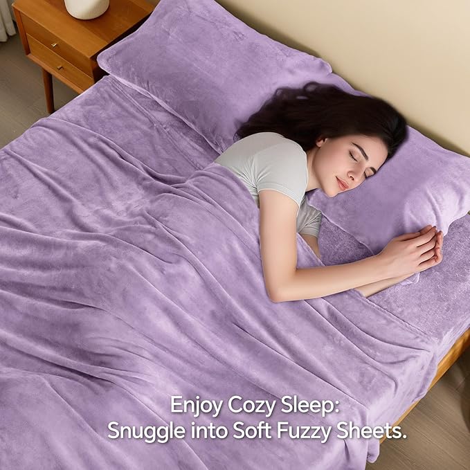 BEDELITE Flannel Sheets Full Size Lavender - Super Soft Fleece Sheets Set Fluffy Extra Plush, 4 Piece(Include Fitted Sheet, Flat Sheet, 2 Pillowcases)