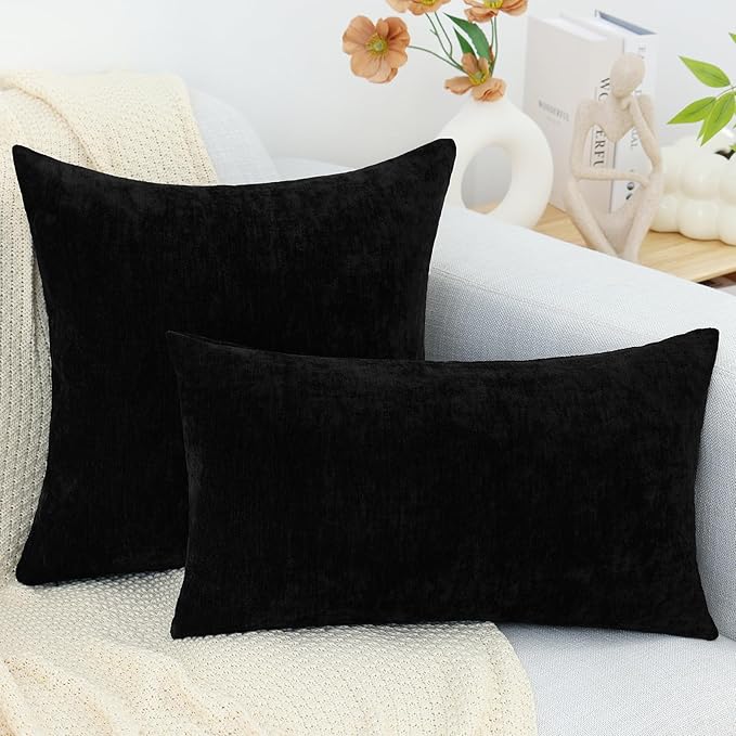 decorUhome Chenille Black Throw Pillow Covers 18x18 Inch Set of 2, Decorative Soft Couch Pillow Covers Solid Dyed Accent Farmhouse Neutral Square Pillow Cases for Sofa