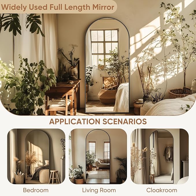 64"x21" Full Length Mirror, Arched Full Body Mirror, Standing Hanging or Leaning Floor Mirror for Bedroom and Living Room, Black