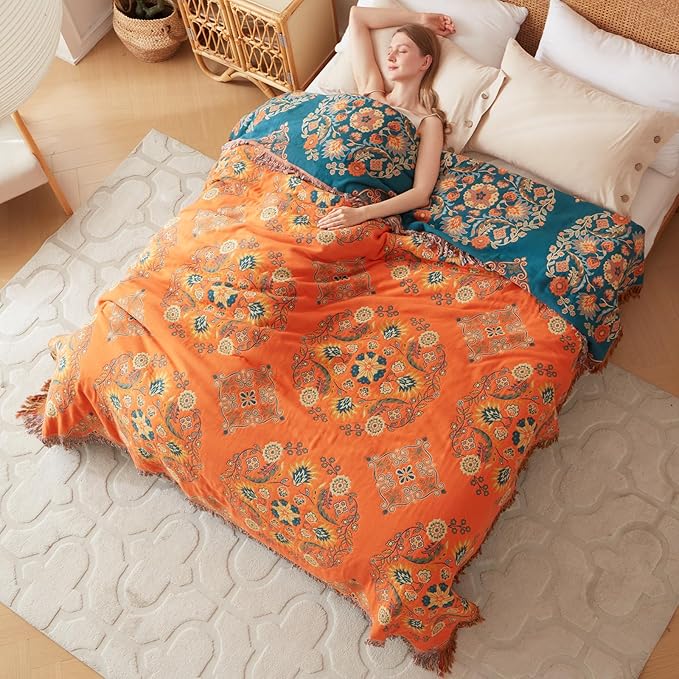 Boho Throw Blanket for Bed 100% Cotton Soft Lightweight Quilt Floral Embroidery Home Decor Spring Breathable Orange Bed Blankets,80"x90" All Season Reversible Blankets for Sofa Couch Chair