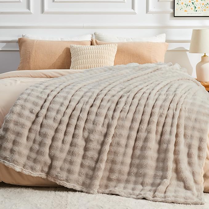 NEWCOSPLAY Throw Blanket for Couch Linen Super Soft Flannel Fleece 3D Bubble Lightweight Bed Blanket All Season Use (Linen, Throw(50"x60"))