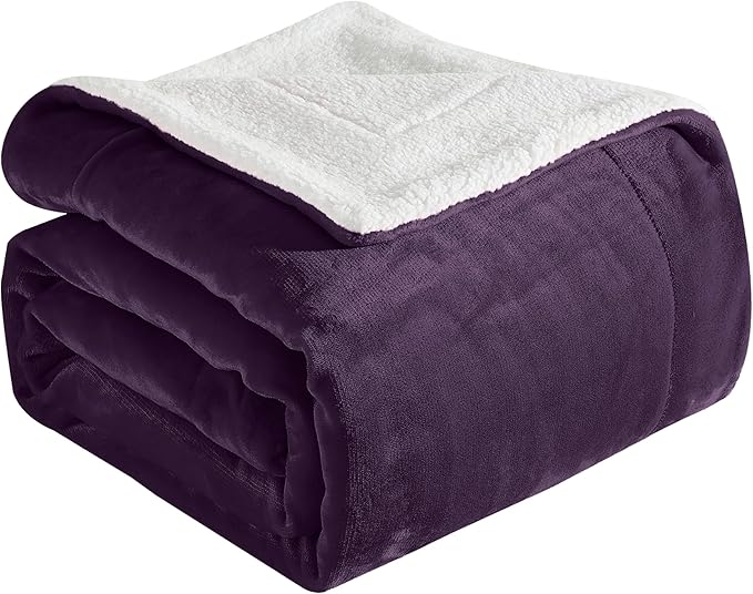 Elegant Comfort Ultra Soft Reversible Flannel Sherpa Blanket - Cozy Silky Fleece Throw for Couch, Bed - Plush Fuzzy Warm Winter Blanket for Gift, Queen, Purple