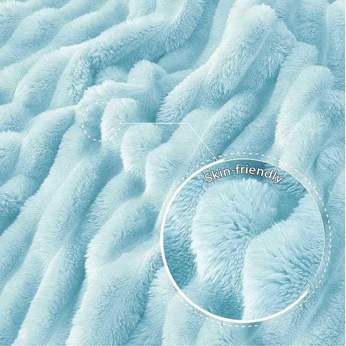 Exclusivo Mezcla Queen Size Flannel Fleece Blanket, Super Soft Striped Jacquard Bed Blanket, Lightweight Fuzzy Cozy for All Seasons, 90x90 Inches, Light Blue