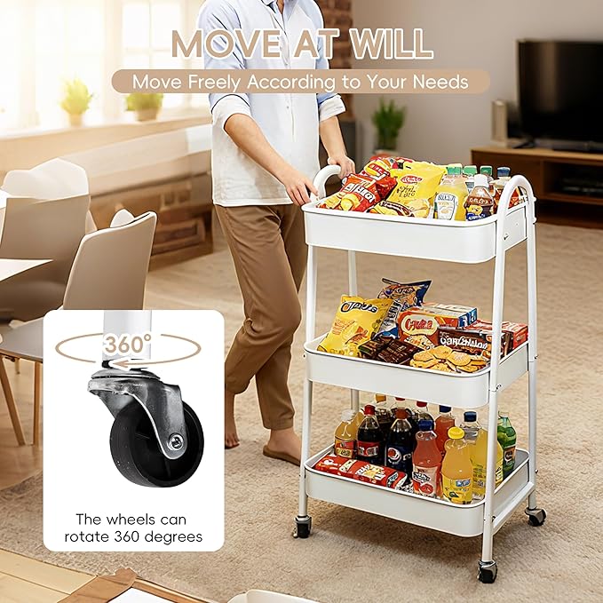 Baby Diaper Caddy Cart 3-Tier Metal Rolling Cart Nursery Storage Organizer for Baby Diapers and Newborn Essentials Storage