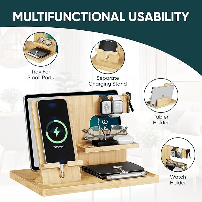 Valentine's Day Gifts for Men Wood Phone Docking Station with Separate Phone Stand, Bedside Desk Organiser and Key Holder Anniversary Birthday Presents for Dad Husband Boyfriend Son Natural