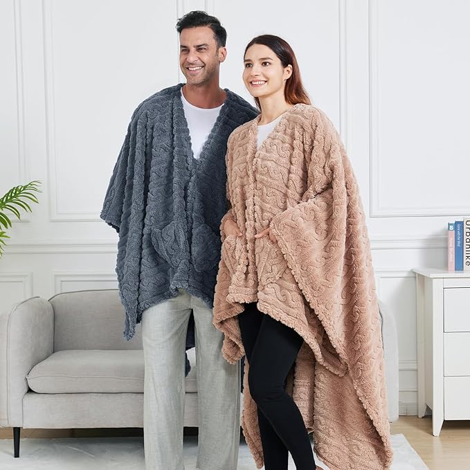 Wearable Blanket Sherpa Fleece Shawl Blanket with Pockets Blanket Poncho Cape for Adults, Cozy Shawl TV Throw Blankets