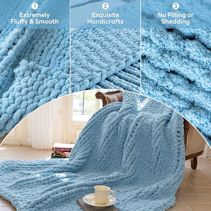 Chunky Knit Blanket - Luxury Soft Cozy 60 * 80 Throw Blanket,100% Woven Blanket Rope Knot Throw Blanket for Couch, Sofa, Home Decor, Gift - Machine Washable (Light Blue, 60 * 80)