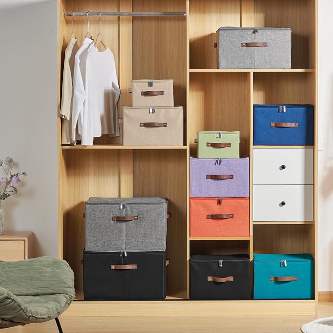 4 Pack Storage Bins with Zipper Lid Cotton Linen Fabric Lidded Storage Baskets Boxes Foldable Washable Closet Shelf Clothes Organizer Container with PU Leather Handles (Purple, Small)